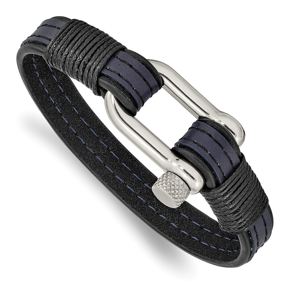 Kazi Luxury Steel Polished Shackle Black & Blue Leather 8.25in Bracelet